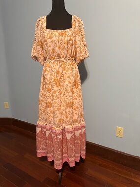 iris Cream Maxi Dress with Mustard Floral Print and Pink Hem